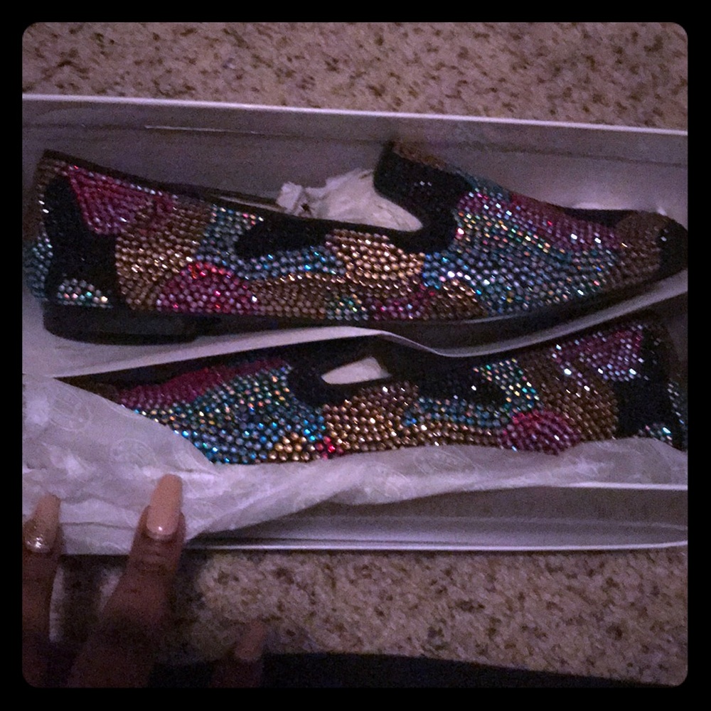Women’s rhinestone multicolored smoking flats